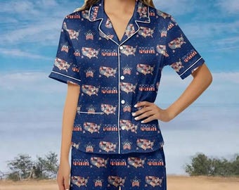 Pijama de satén patriótico de EE. UU., pijama de mujer para el 4 de julio, pijama con la bandera estadounidense, conjunto de pijama estadounidense, regalo patriótico para ella, mujer