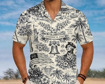 America 250 Years Hawaiian Shirt, Patriotic Button Shirt, 1776-2026 Vintage Toile Tropical Shirt, 4th of July Summer Shirt, Gift For Him
