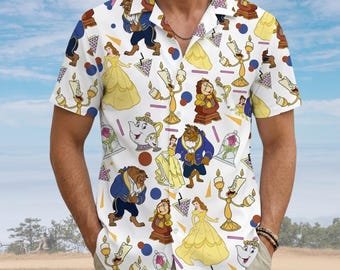 Chemise hawaïenne La Belle et la Bête, chemise boutonnée d'été Belle et la bête, chemise Aloha Disney world, haut princesse Disney, chemise homme d'été