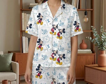 Disney Mickey Mouse Cruise Satin Pajamas Set, Mickey Mouse Pajama, Mickey Cruise Men Pjs, Cartoon Summer Beach Trip Pjs, Gift For Her, Him
