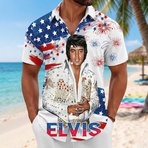 Elvis Presley USA Hawaiian Shirt, King of Rock Roll Button Shirt, Vintage Style Aloha Shirt, Retro Music Button Shirt, Elvis Fan Gift