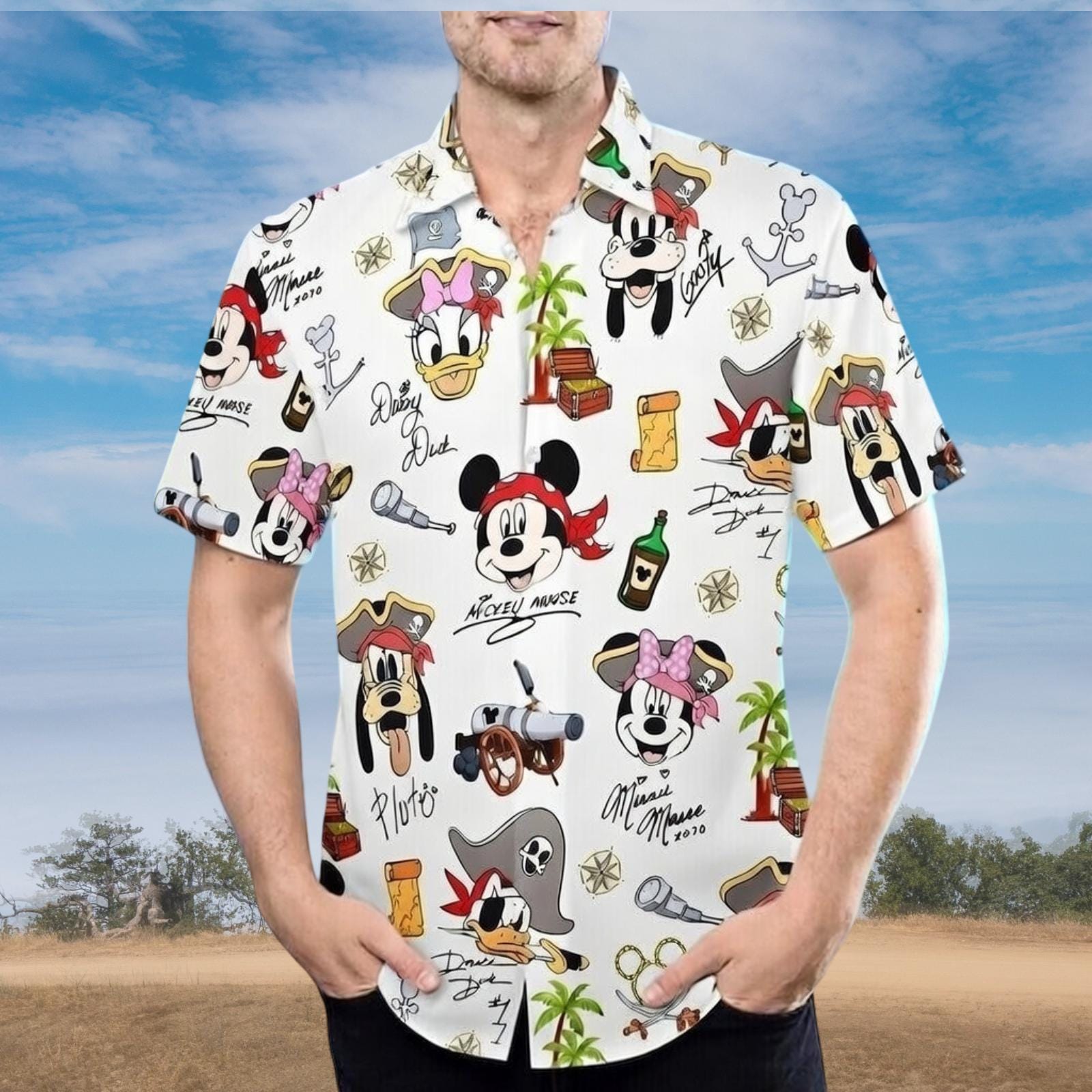 Discover Vintage Mickey and Friends Hawaiian Shirt with Pirate of the Caribbean Design for Men and Women