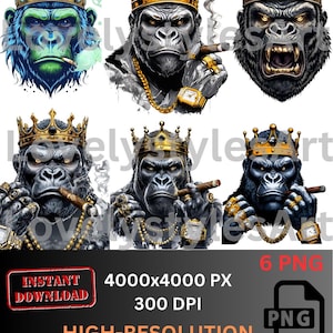 6 高品質のゴリラキングPNG、ステッカーアーバン昇華デザイン、王冠付きギャングスタ動物デジタルベクター、透明な背景、インスタント