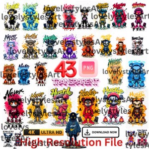 May include: A collection of 43 digital illustrations featuring cartoon characters with different expressions and poses. The characters are wearing colorful clothing and accessories, and some are holding money bags. The illustrations are set against a background of colorful paint splatters and dollar bills. The text "Never Fear" and "Hustle" appears in the image.
