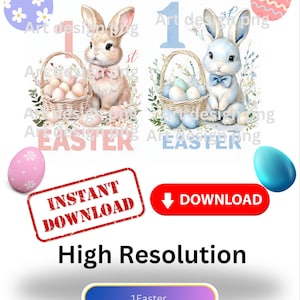 2er-Set Meine ersten Osterhasen-Designs, PNG, blauen und rosa Hasen, Babys erstes Ostern, Outfit-Sublimationsdesign, sofortiger digitaler Download
