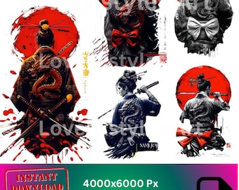 Samurai Krieger PNG Clipart: Orientalisches T-Shirt Design (Digitaler Download)