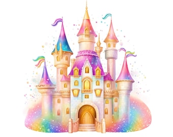 Kasteel clipart, glitter regenboog kasteel PNG, sprookje kasteel digitale download transparantie, meisjes schattig kasteel afdrukbaar