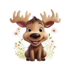 Cute Moose Clipart, Baby Moose PNG, Transparent Digital Download, Moose with Flowers, Kids Clipart, Baby Animal PNG, Cute Clipart