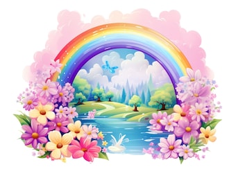 Lindo arco iris y río Clipart, Rainbow Flower Garden PNG Transparencia de descarga instantánea, lindo campo escena dibujos animados clipart