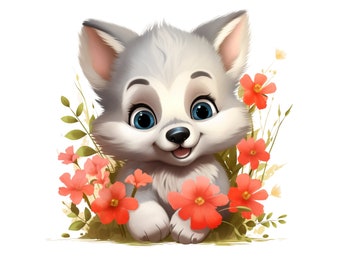 Imágenes Prediseñadas de lobo lindo, PNG de lobo bebé, descarga digital transparente, ilustración de dibujos animados de lobo, imágenes prediseñadas para niños, imágenes prediseñadas de animales bebés PNG