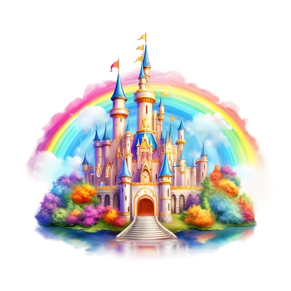 Princess Castle Clipart, Bright Rainbow Castle PNG, Fairy Tale Castle Digital Download Transparency, Girls Cute Castle Printable