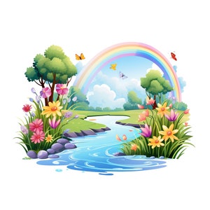 Arc-en-ciel et rivière Clipart, Arc-en-ciel mignon, Fleurs et rivière PNG Téléchargement instantané Transparence, Clipart scène de campagne colorée