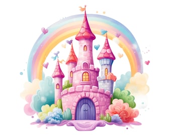 Princess Castle Clipart, Loveheart Rainbow Castle PNG, Fairy Tale Castle Instant Download Transparantie, Meisjes Pastel Castle Printable