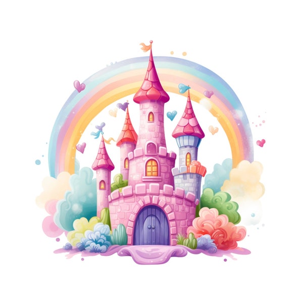 Princess Castle Clipart, Loveheart Rainbow Castle PNG, Fairy Tale Castle Instant Download Transparency, Girls Pastel Castle Printable