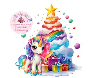 Unicorn Christmas, Rainbow Unicorn Christmas Tree Clipart, Girls Christmas Instant Download Transparency, Cute Christmas Clipart Printable