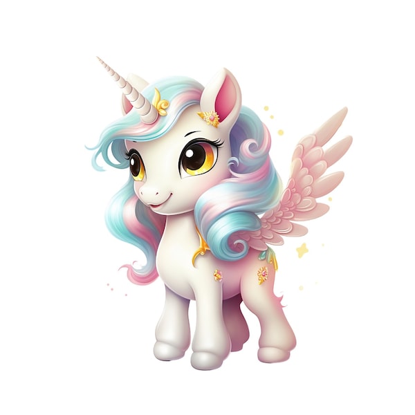 Cute Baby Unicorn with Wings, PNG Digital Image Clipart, Pastel Pink and Rainbow, Unicorn Pegasus Cartoon Graphic, Unicorn Digital Download