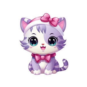 Chaton, mignon Kawaii Chibi chaton des cliparts PNG, téléchargement immédiat, transparence, mignon kitty violet et rose filles imprimable, dessin animé mignon chaton