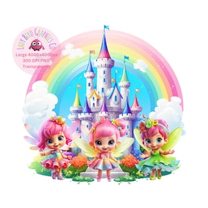 Fadas, clipart de castelo de fadas de arco-íris fofo, transparência de download instantâneo de fada fofa, PNG de fada de criança, clipart de arco-íris de meninas, conto de fadas