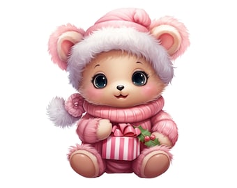 Christmas Teddy Bear, Cute Pink Christmas Teddy Bear Clipart PNG, Instant Download Transparency, Kids Christmas Clipart Cartoon Picture