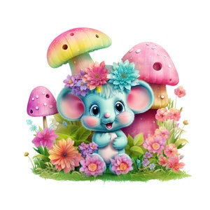 Mignon souris Clipart, souris dans un jardin PNG téléchargement instantané transparence, mignon bébé Woodland créature Clipart, dessin animé souris et champignons