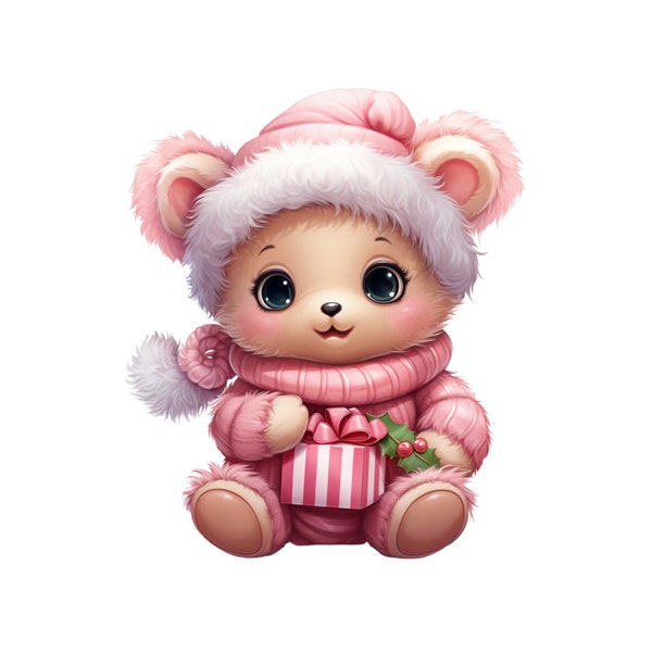 Christmas Teddy Bear, Cute Pink Christmas Teddy Bear Clipart PNG, Instant Download Transparency, Kids Christmas Clipart Cartoon Picture