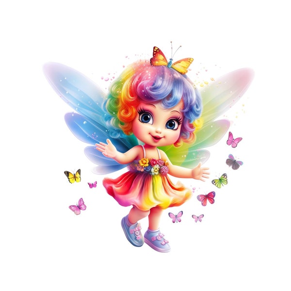 Super Bright Baby Rainbow Fairy with Butterflies, PNG and Jpeg Graphic, Digital Download, Cute Magical Fairy Clipart, Nursery PNG Image