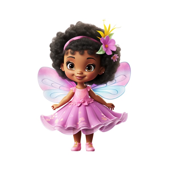 Cute Fairy PNG, Afro Fairy Clipart Digital Download, Cute Toddler Garden Fairy Clipart, Pink Fairy Illustration, Flower Fairy Printable