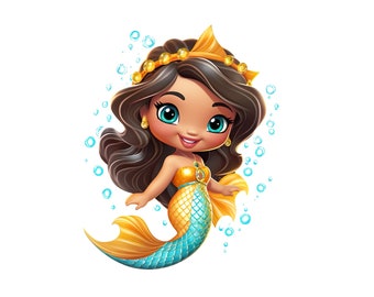 Mermaid Clipart, Cute Gold and Aqua Mermaid , Mermaid PNG Graphic, Cute Mermaid Printable, transparent digital download, Under The Sea Image