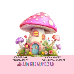 Domek z grzybami, uroczy pastelowy domek wróżki Clipart, bajkowy dom Instant PNG do pobrania przezroczystość, dziewczęcy domek wróżki z grzybami do wydrukowania