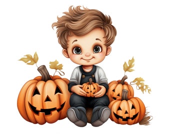 Könnte beinhalten: Ein kleiner Junge mit braunen Haaren sitzt mit drei Jack-o'-Lantern-Kürbissen. Er hält einen kleinen Kürbis in seinen Händen.