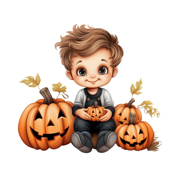 Halloween Clipart, Cute Farmer Boy Halloween Clipart, Instant Download Halloween PNG,  Boys Halloween Clipart, Cute Spooky Season Clipart
