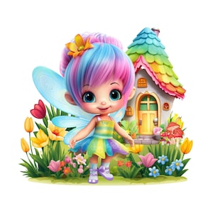 May include: A whimsical illustration of a fairy with rainbow-colored hair and a matching dress, standing in a garden with colorful flowers. A small house with a rainbow roof is in the background. The fairy has blue wings and is wearing purple shoes.