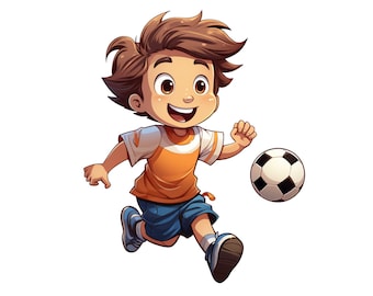 かわいいサッカー クリップアート、サッカーをする男の子 PNG、かわいいスポーティーな男の子の印刷物、サッカー ボーイの即時ダウンロードの透明画像、男の子向けのクリップアート