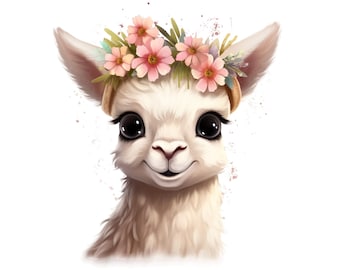 Lindo bebé llama clipart, descarga digital transparente, PNG bebé llama ilustración de dibujos animados imagen digital para niñas decoración niñas imprimibles