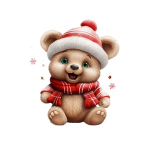 Christmas Teddy Bear, Cute Christmas Teddy Bear Clipart PNG, Instant Download Transparency, Kids Christmas Clipart Cartoon Picture