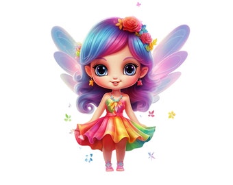 May include: A colorful fairy with rainbow wings and a flower crown. She is wearing a rainbow dress and has blue and pink hair.
