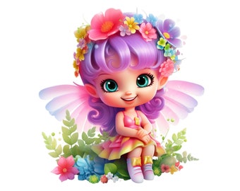 May include: A purple-haired fairy with pink wings sits on a bed of flowers. She wears a pink dress and a flower crown.