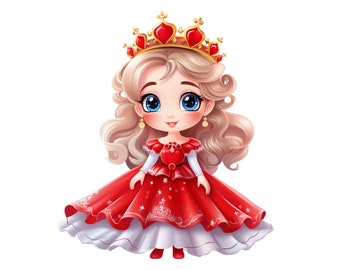 May include: A cartoon illustration of a young princess wearing a red dress with a white underskirt and a gold crown with red jewels. She has blonde hair and blue eyes.