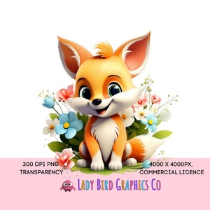 Mignon renard Clipart, bébé renard PNG, téléchargement numérique transparent, renard avec des fleurs, enfants Clipart, bébé Woodland Animal PNG, mignon Clipart
