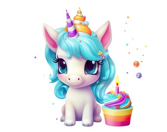 Unicorn Clipart, Cute Baby Unicorn with Cupcake, Birthday Style Unicorn PNG and JPEG, Unicorn Design for Girls Birthday Unicorn Printable