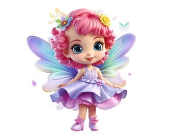 May include: A pink fairy doll with iridescent wings, a purple dress, and a flower crown. The doll has blue eyes and pink hair.