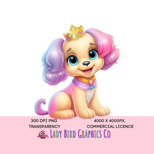 Princess Puppy Clipart, Royal Puppy PNG Digital Download, Pink Princess Puppy Cartoon, Girls Pastel Princess Pet Dog Printable