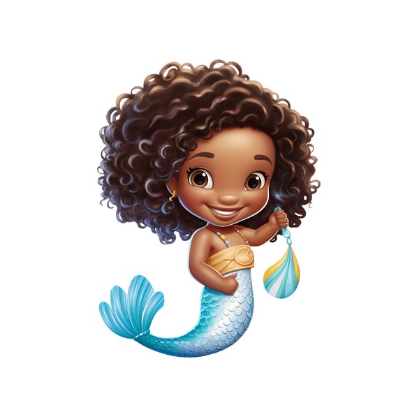 Cute Young Mermaid Illistration, African American Mermaid, Black Mermaid Clipart, PNG and JPeg Transparent digital download, blue mermaid