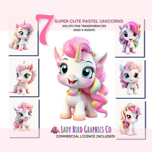 Cute Unicorn Clipart Bundle, Seven Pastel Unicorns PNG Bundle, Transparent Images, Cute Baby Unicorns, Pastel Rainbow Unicorn Printables