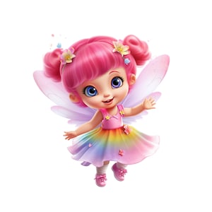 Puede incluir: Un hada rosa con alas de arcoíris y un vestido de arcoíris con flores. Tiene el pelo rosa y los ojos azules.