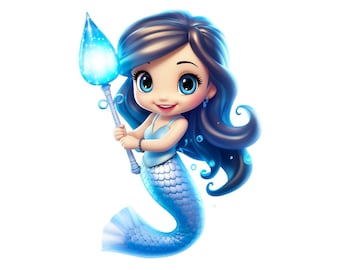 Mermaid, Cute Mermaid Clipart, PNG Transparency, Mermaid Jpeg Digital Download, Mermaid Printable Cartoon, Cute Blue Mermaid Girls Picture