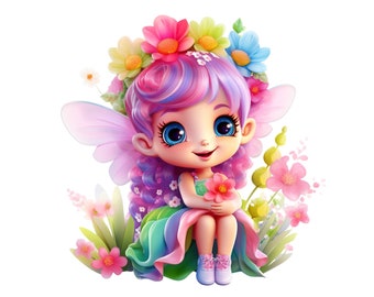May include: A colorful fairy with pink hair and wings, wearing a flower crown and a green dress, holding a pink flower. She is sitting in a field of flowers.