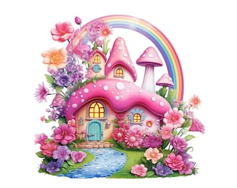 Fairy Cottage, Cute Rainbow Fairy House Clipart, Fairy Tale Home Instant PNG Download Transparency, Girls Rainbow Garden Fairy Printable