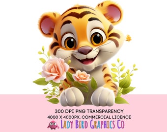 Niedliche Tiger Clipart, Baby Tiger PNG, transparenter digitaler Download, Tiger mit Blumen, Kinder Clipart, Baby Tier PNG, niedliche Clipart