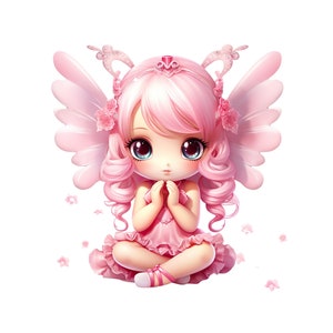 May include: A pink fairy with large blue eyes and pink wings. She is wearing a pink dress and has pink hair. She is sitting with her hands clasped together in a prayer position.